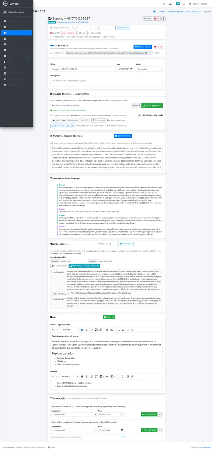 Tela de ata de reunião com transcrição, linha do tempo por orador e itens de ação