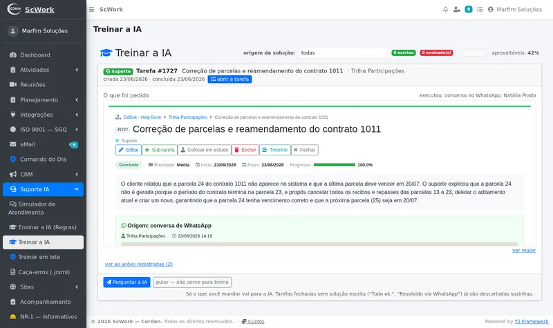 Tela Treinar a IA: um chamado já resolvido, com o que foi pedido, a solução escrita pelo suporte e os botões de mandar para a IA ou pular