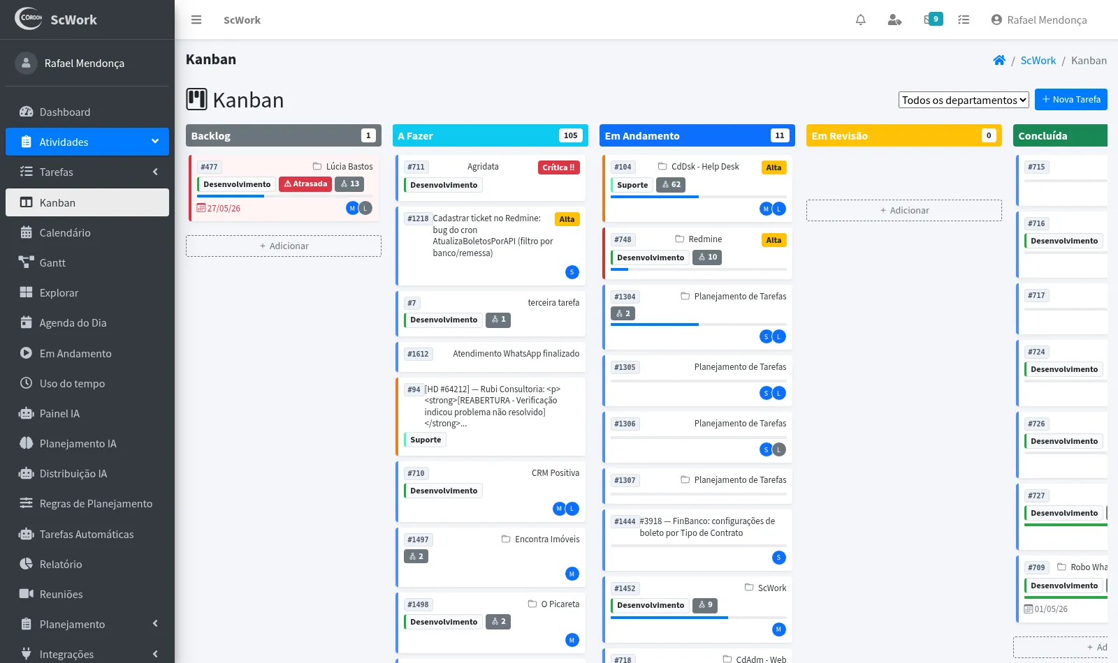 Kanban do ScWork com colunas de backlog, a fazer, em andamento e concluída