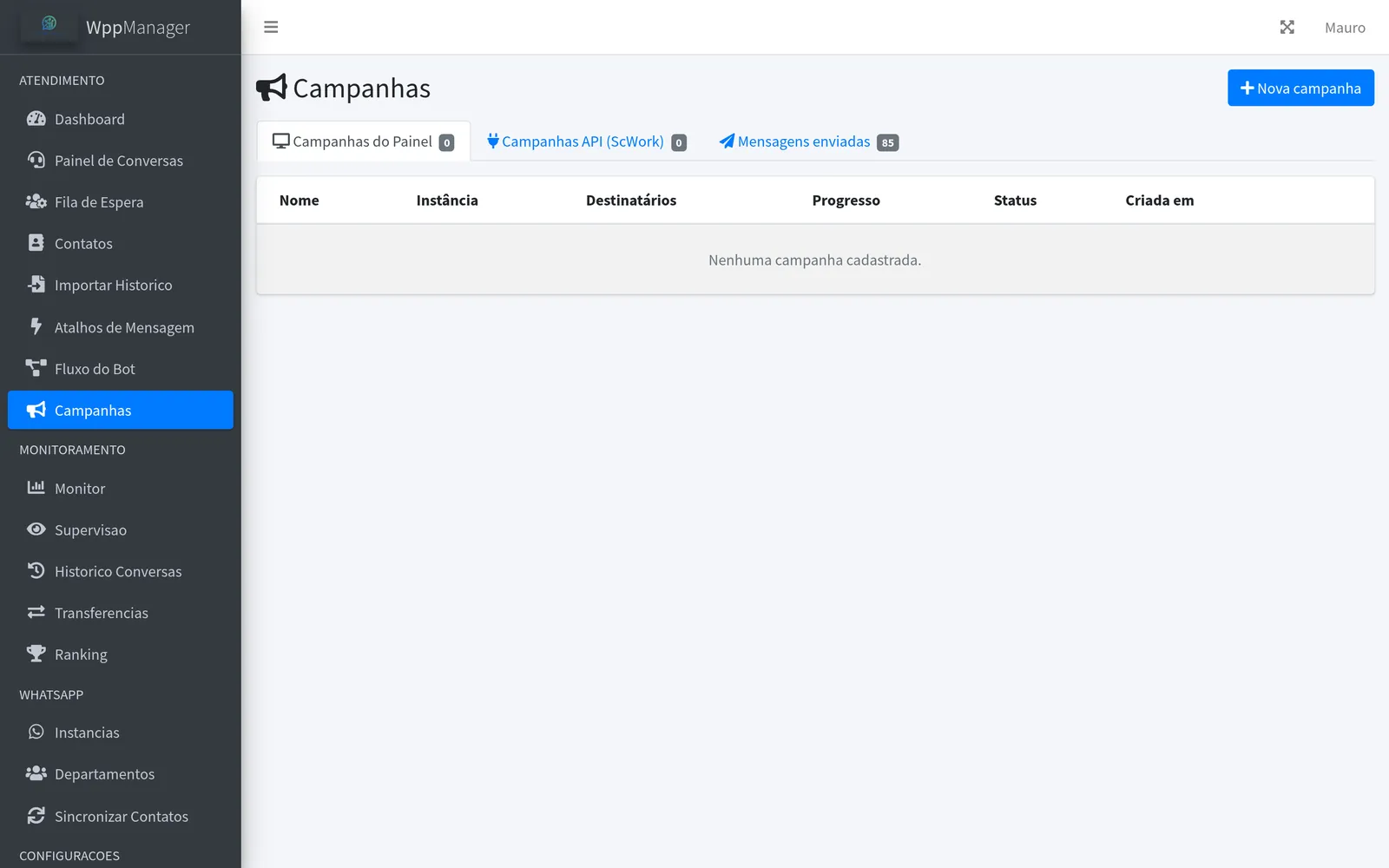 Tela de campanhas do WppManager