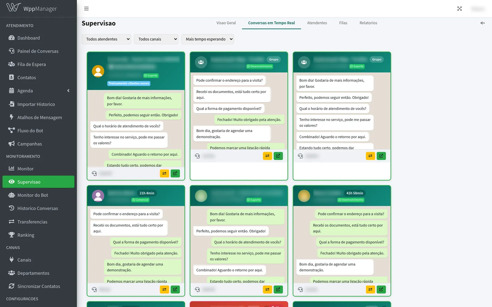 Aba Conversas em Tempo Real da supervisão do WppManager: cada conversa aberta aparece como um cartão em grade, com o departamento, o tempo de espera e as últimas mensagens; um cartão está destacado em vermelho por espera longa, e há filtros por atendente, canal e maior tempo de espera